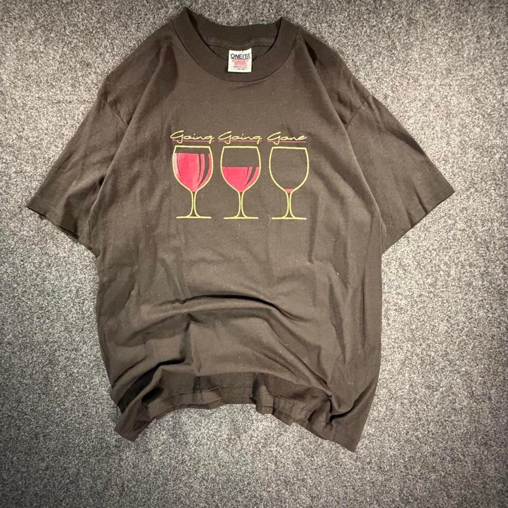 Vintage 90s Oneita Going Going Gone Wine Glasses Graphic T Shirt Black Large